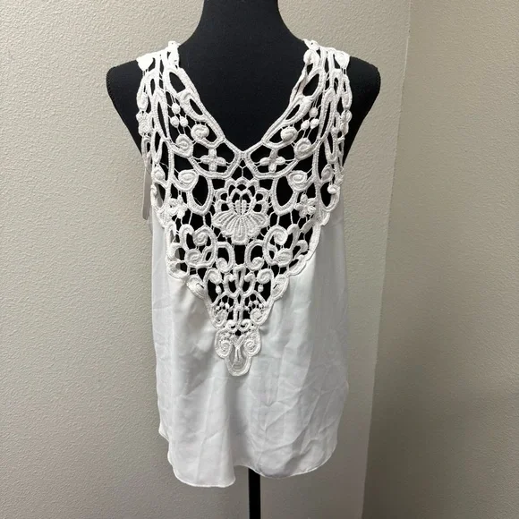 Ktoo Cream Lace Overlay Tank Boho Crochet Sleeveless Blouse Romantic Top - Picture 4 of 7
